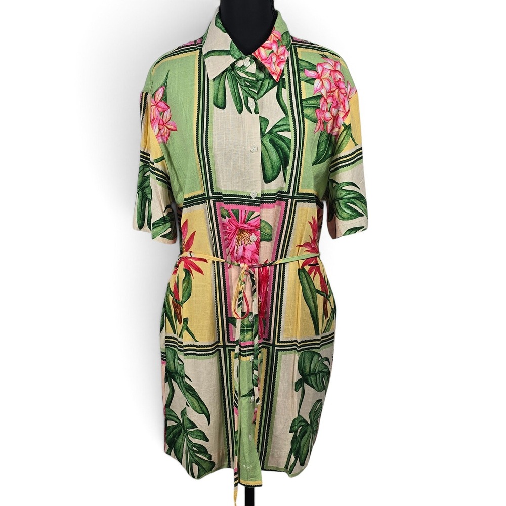White Closet Elements Shirt Dress Women Sml Linen Tropical Floral Pink Green NEW